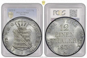 Germany, Saxony, Anton, 1/12 Taler 1832, Scarce, PCGS MS 63 - Picture 1 of 8