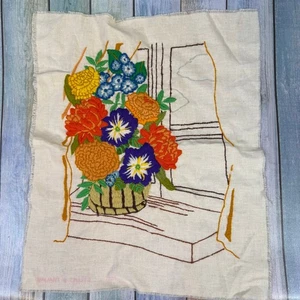 Vintage Floral Crewel Embroidery 1970s Bright Flowers Window Scene Unframed - Picture 1 of 9