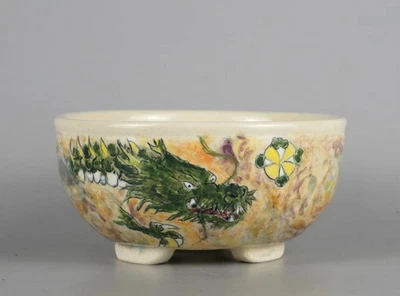 Japanese Bonsai pot SEMIYAMA signed IROE Dragon painted Round New φ5" *1018 8 - Image 1 of 4