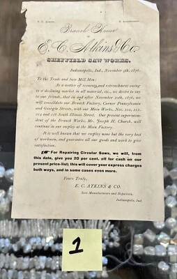 1876 EC Atkin & Co. Saws Tool - Consolidation - 5.5” X 8.25” - Indianapolis IN - Image 1 of 2