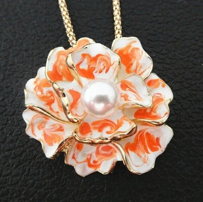 Beautiful Orange White FLOWER with Gold Accents PIN PENDANT NECKLACE - Image 1 of 2