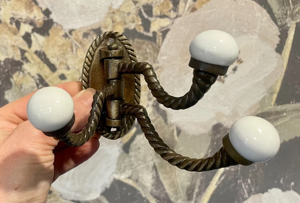 Vintage Brass Porcelain Knob 3 Hooks Wall Mount Towel Hanger Coat Hooks Metal - Image 1 of 4