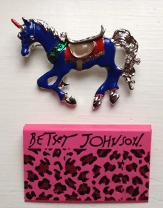 BETSEY JOHNSON UNICORN CAROUSEL HORSE BROOCH PIN - Blue Enamel / Silver-tone - Picture 1 of 6