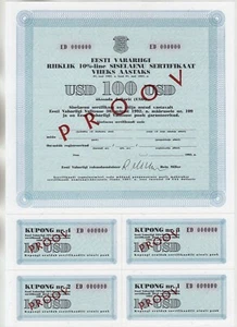 ESTONIA Bond 100 USD 1992 UNC SPECIMEN State 10% Internal Loan w. $10 4 COUPONS - Picture 1 of 2
