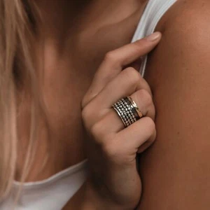 Spinner Contemporary Two Tone Solid 9k Yellow Gold Sterling Silver Ring Size - Picture 1 of 11