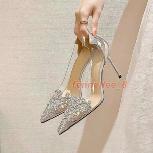 Women's Rhinestone Pointy Toe Clear Pumps Shoes Stiletto High Heel Slip on New - Picture 1 of 15