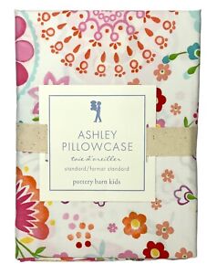 Pottery Barn Kids Ashley Standard Pillowcase, Orange Pink, Flowers, Cotton, NEW