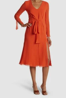 $2990 Vestido Akris Para Mujer Naranja Cuello en V Manga Larga Corbata Cintura Midi Seda Talla 6 Foto 1 de 4