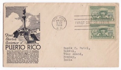 United States FDC 1949 Governor Election Puerto Rico Used to India Delivery CDS - Image 1 of 2