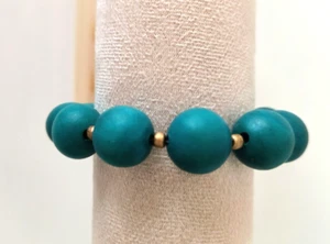 Women's Stretch Elastic Bracelet Large Teal Color Beads Goldtone Spacers - Picture 1 of 16