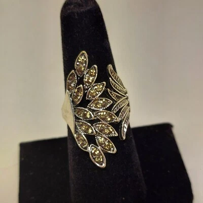 Silver Tone Marcasite Gemstone Ring Size 7.5 Feathers Angel Wings Art Nouveau - Image 1 of 4