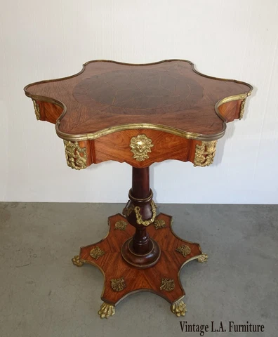 French Louis XVI Burl Marquetry Side Table Sun Burst Design w Brass Claw Feet Cover