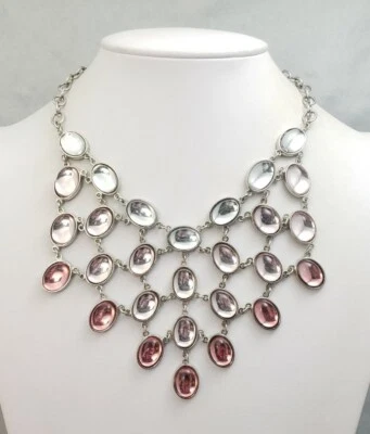 Collar de Metal Estilo Babero Multi Piedra Lucite Espejo Rosa Mezcla Grande Tono Plata Foto 1 de 4