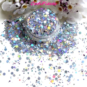 Nail Art Glitter *Thunder-Bolt* Silver Chunky Hexagons Holographic Mix 5ml Pot - Picture 1 of 4