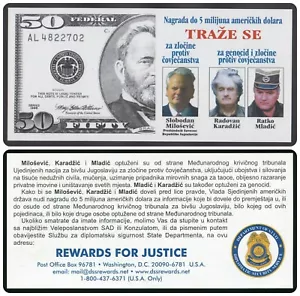 BOSNIA 5 000000 Dólares Volante OTAN MILOSEVIC KARADZIC MLADIC Recompensas por Justicia - Imagen 1 de 3