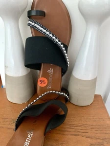 NEW SZ 9.5 Medium BLACK ITALIAN TOSCANELLA BEADED SANDAL TOE STRAP Elasticizd - Picture 1 of 7