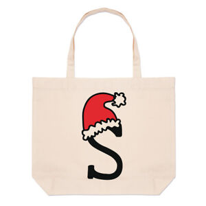Letter S Christmas Hat Large Beach Tote Bag Funny Red Santa Father Kids Alphabet