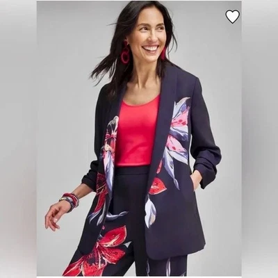 Chico's 3 цветочный собранными в Рюш рукавами темно-синий мягкий жакет новый - Изображение 1 из 4