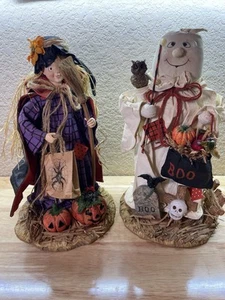 Vintage Halloween Friendly Ghost and Witch Fabric Mache 13” Statue Figurines Box - Picture 1 of 11