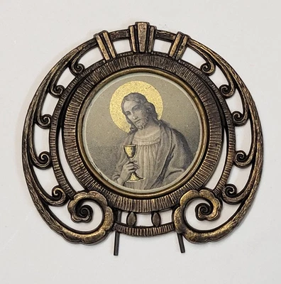 Small Antique Jesus Chalice France Bronze/Metal Easel Photo Frame Art Nouveau - Image 1 of 4