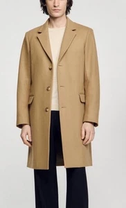 SANDRO MEN'S WOOL BROADCLOTH COAT STRAIGHT FIT LOONG SLEEVE BEIGE SIZE XL - Picture 1 of 21