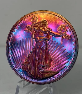 1 oz  .999 Silver Round Saint Gaudens Style Silvertowne Round - Rainbow Toned - Picture 1 of 6