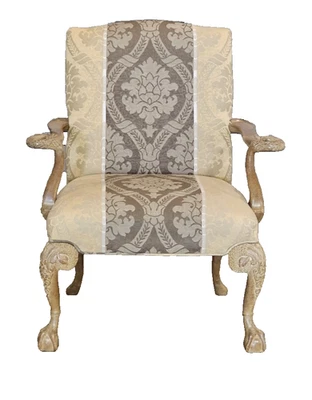 Chippendale Style Arm Chair Carved Swan Arms Ball & Claw Feet Damask Fabric - Image 1 of 4