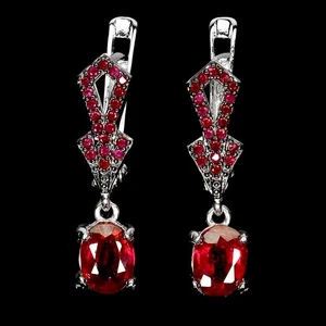 925 Sterling Silver Earrings Oval Ruby 7x5mm Ruby Diamond Cut Gemstone Jewelry - Picture 1 of 13