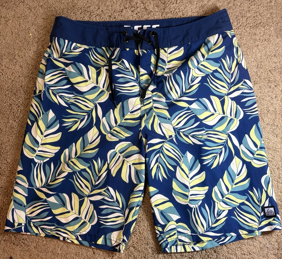 Reef Boardshorts Men 34 Alonso Tropical Leaf Pattern Blue Surf Swim - Image 1 of 4