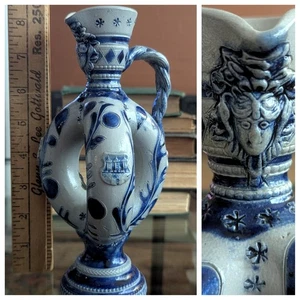 Antique Salt Glaze German Westerwald Stoneware Double Ring Ewer Jug Blue Pottery - Picture 1 of 22
