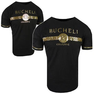 Herren T-Shirt schwarz italienischer Designer Streifen glänzend gold Löwe Logo Bucheli Slim Fit - Bild 1 von 5