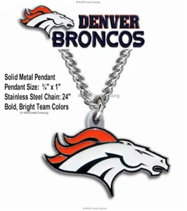 DENVER BRONCOS NECKLACE Stainless Steel Chain ¾" x 1" Metal Logo  NFL Football' - Picture 1 of 14