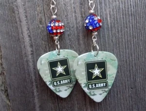Army Emblem Camouflage Guitar Pick Earrings with Green Pave Bead Dangles - Picture 1 of 4