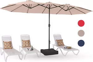 PHI VILLA 15ft Double-Sided Patio Umbrella with Base Beige Outdoor Umbrella - Picture 1 of 8
