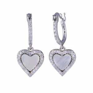 Sterlingsilber Huggie Ohrringe M / Lang Perlmutt & Cz Steine Herz - Bild 1 von 3