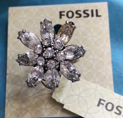 Новый с Ярлыками ископаемого серебра металлическая отделка и прозрачные стразы цветок узор кольцо, размер 7 - Изображение 1 из 4