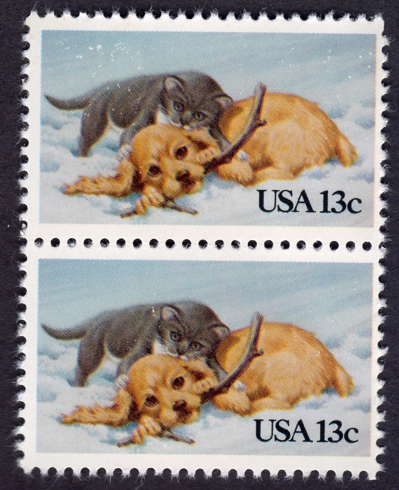 Scott #2025 Puppy & Kitten in Snow Pair of Stamps - MNH - Image 1 of 1