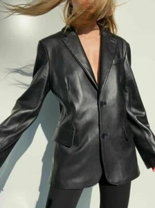 New Women's Black Leather Blazer 100% Soft Lambskin Oversize Office Coat Blazer - Picture 1 of 5