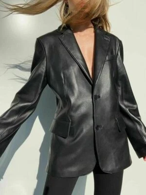 New Women's Black Leather Blazer 100% Soft Lambskin Oversize Office Coat Blazer - Image 1 of 4