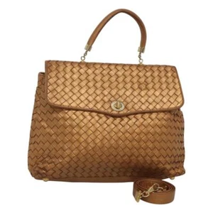 BOTTEGA VENETA INTRECCIATO Hand Bag Leather 2way Gold Tone Auth BD1719 - Picture 1 of 22