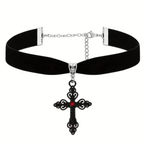 Gothic velvet Black Choker Ornate Pendant, Red Gem Fashion, Y2K - Picture 1 of 5