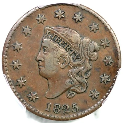 1825 N-7 R-3 PCGS XF 45 CAC Matron or Coronet Head Large Cent Coin 1c - Image 1 of 3