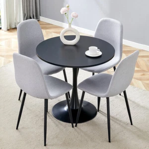 Hourglass Black Round Table 31.9" with 4 Light Gray Linen Fabric Chairs - Picture 1 of 24