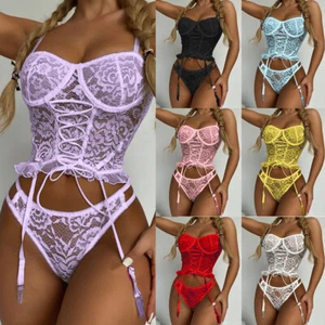 Womens Sexy Lingerie Lace Bra Set Push Up Underwear G-String Thong Nightwear US - Picture 1 of 17