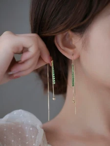 Green Branch Emerald Zirconia Earring-Gold Filled Thread Tassel Earring - Picture 1 of 8