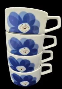Vtg MCM Set 4 Indigo Moon China Japan Tea Coffee Cups Blue White Mod Floral 3915 - Picture 1 of 9