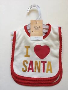 I Heart Love Santa Modern Baby Bib Set Of 3 Red Gold Terry New Christmas