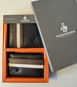 NEW MENS LEATHER BROWN Wallet & KEY Case with tan stripe Boxed Gift set RRP £85 - Picture 1 of 7