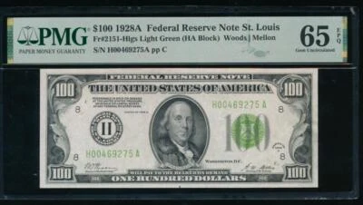 AC 1928A $100 Saint Louis FRN LGS PMG 65 EPQ Light Green Seal LGS Fr 2151-H - Image 1 of 2