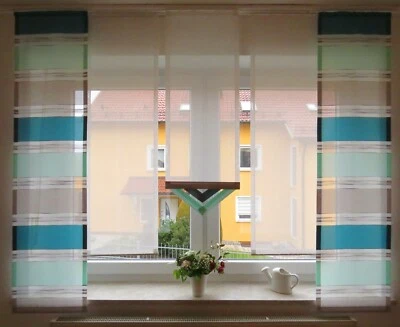 Gardinenset  5 teilig Flächenteile Schiebevorhang Gardine türkis Streifen modern - Bild 1 von 4